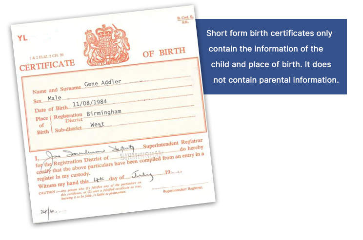 uk short form birth certificate example